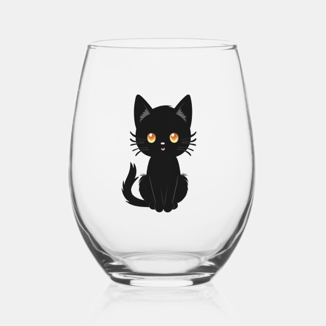 Cute Black cat  2 Stemless Wine Glass (Front)