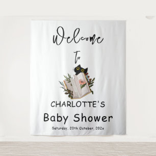 Cute Black Cat and Book Baby Shower Backdrop Tapestry
