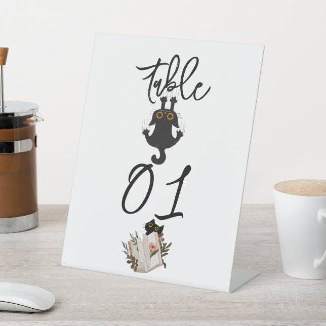 Cute Black Cat and Book Baby Shower Table Numbers Pedestal Sign (In SItu)
