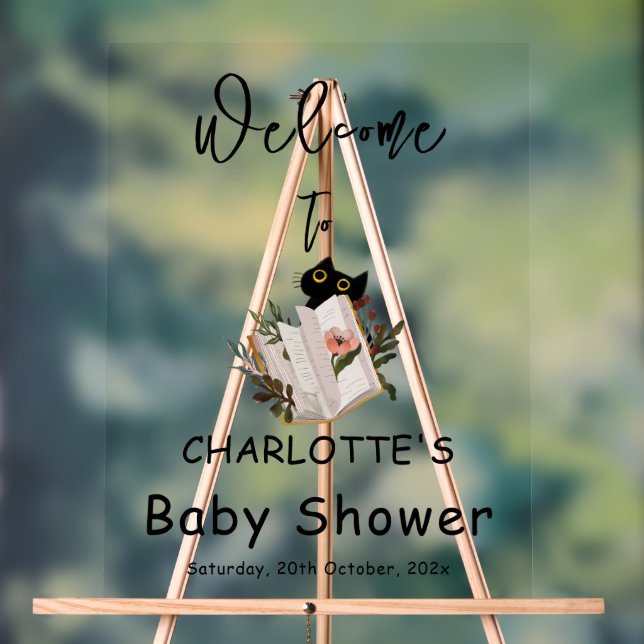 Cute Black Cat and Book Baby Shower Welcome Acrylic Sign (Neutral)