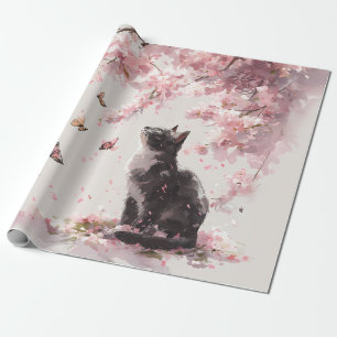 Cute Black Cat and Butterfly Under Pink Sakura Wrapping Paper