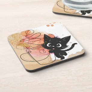 Cute black cat and Coffee, creamy colours on Coaster