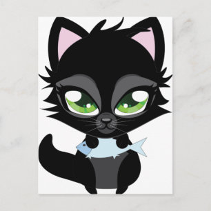Cute black cat and fish postcard