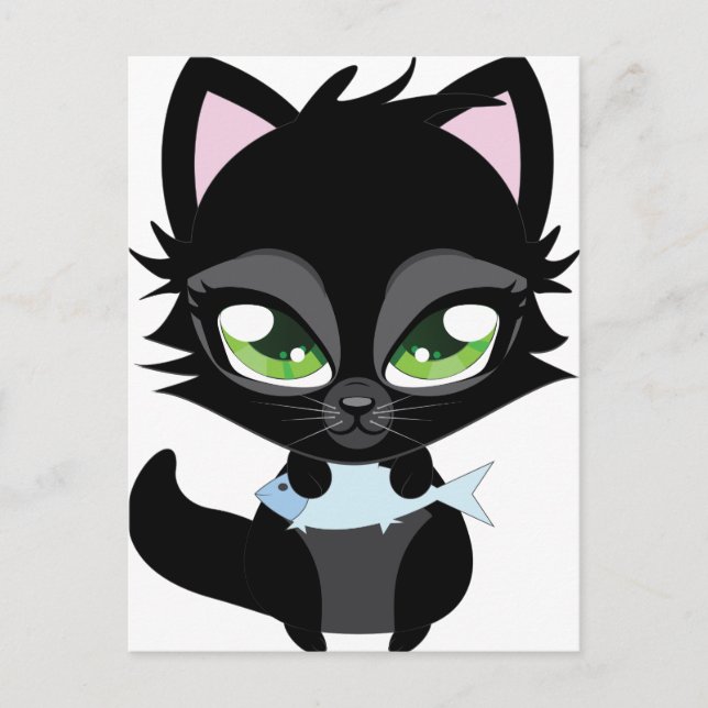 Cute black cat and fish postcard (Front)