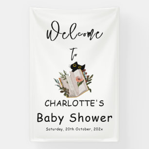 Cute Black Cat and Floral Book Baby Shower Banner