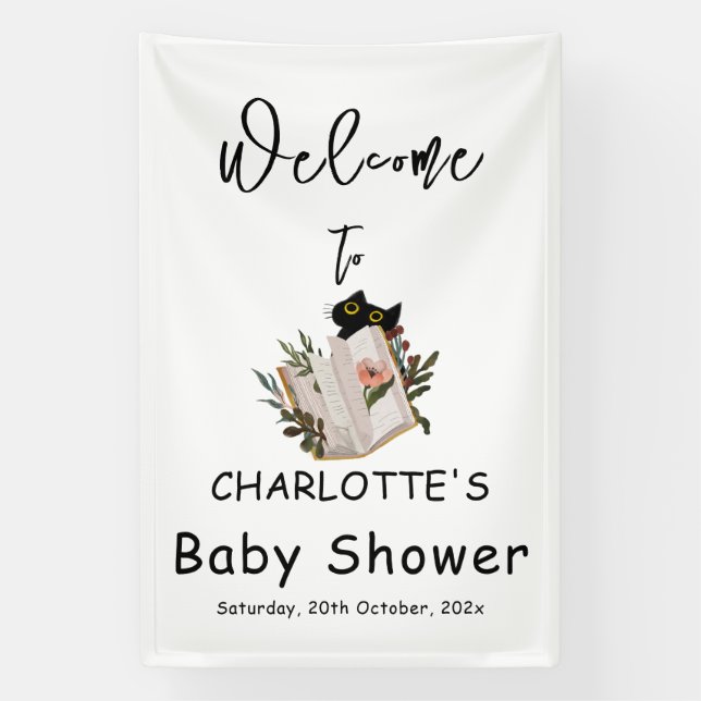 Cute Black Cat and Floral Book Baby Shower Banner (Vertical)
