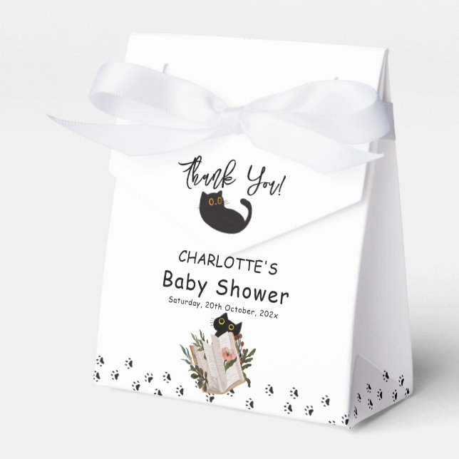 Cute Black Cat and Floral Book Baby Shower Favour Box (Front Side)