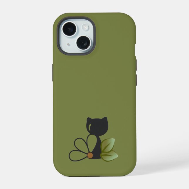 Cute Black Cat and flower – Personalised iPhone 15 Case (Back)