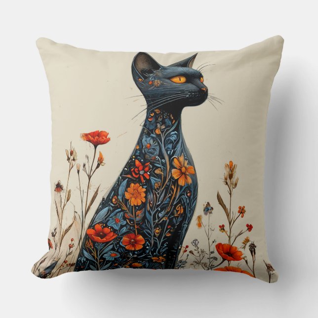 Cute black cat and flowers cushion (Front)