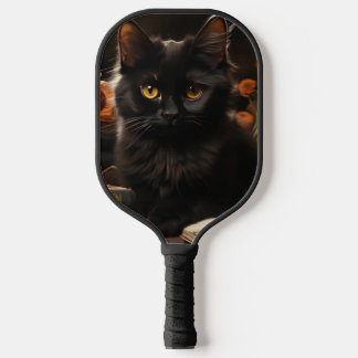 Cute Black Cat and Flowers Pickleball Paddle