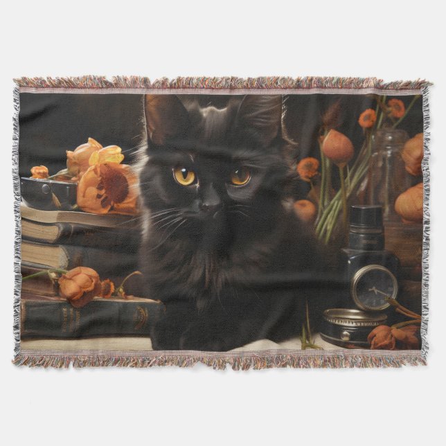 Cute Black Cat and Flowers Throw Blanket (Front)