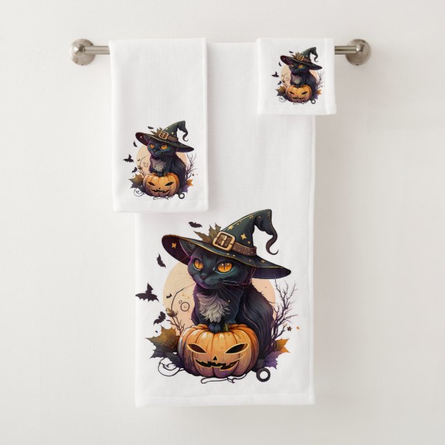 Cute Black Cat and Jack-o-lantern Bath Towel Set (Insitu)