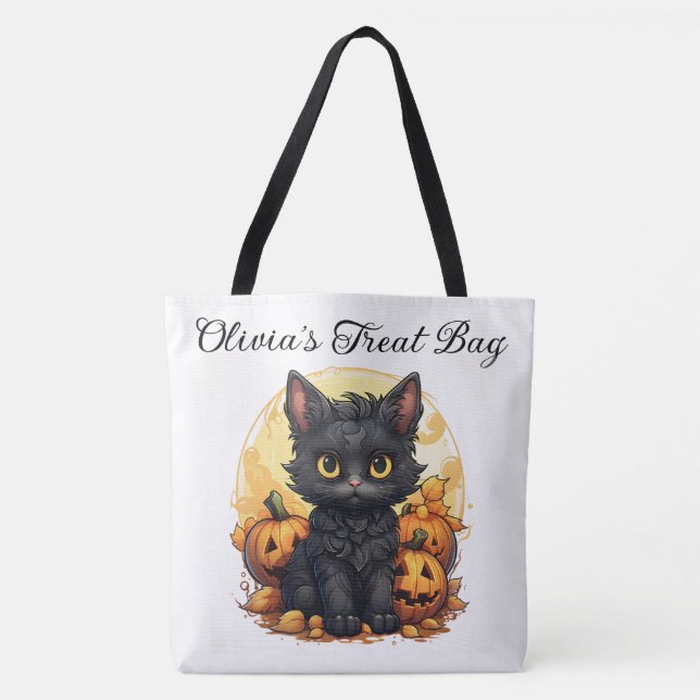 Cute Black Cat and Jack-o-Lanterns Tote Bag (Front)