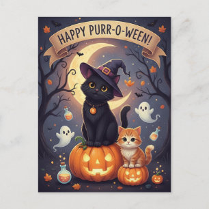 Cute Black Cat and Kitten on Pumpkins Halloween  Holiday Postcard