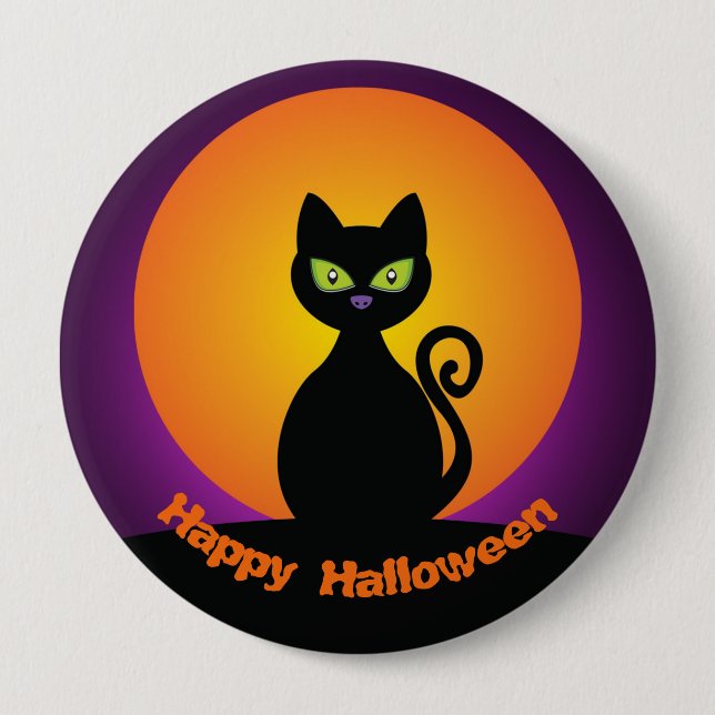 Cute Black Cat and Orange Moon 10 Cm Round Badge (Front)
