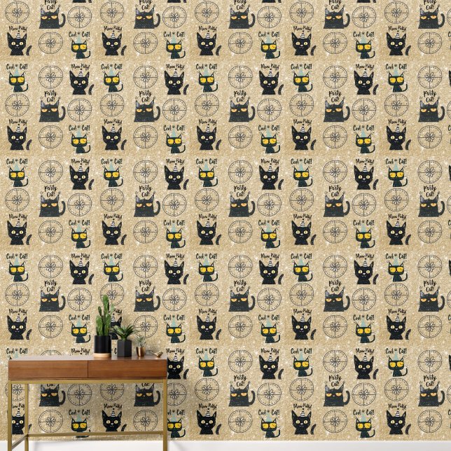 Cute Black Cat and Present-Gold Glitter-Meow Party Wallpaper (Hallway)