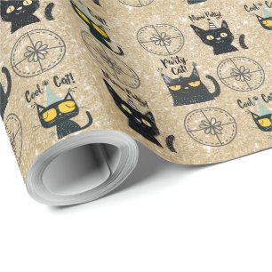 Cute Black Cat and Present-Gold Glitter-Meow Party Wrapping Paper