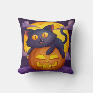 Cute Black Cat and Pumpkin Halloween Cushion