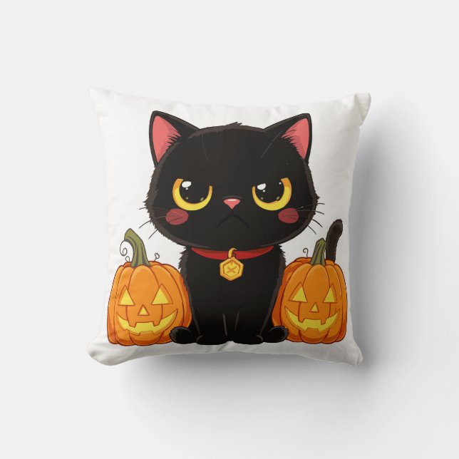 Cute Black Cat and Pumpkins Halloween Cushion (Front)