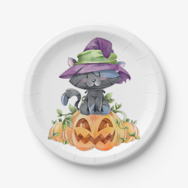 Cute Black Cat and Pumpkins Paper Plate (Front)