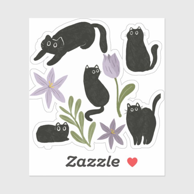 Cute Black Cat and Purple Flower Illustration (Sheet)