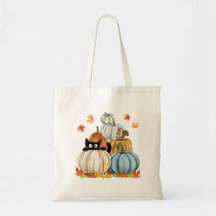 Cute Black Cat and Squirrel and Pumpkins Halloween Tote Bag