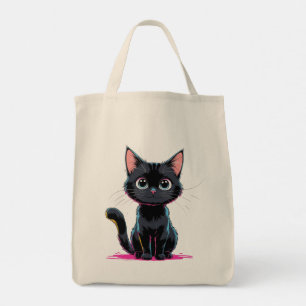 Cute Black Cat Anime Illustration Playful Cartoon Tote Bag