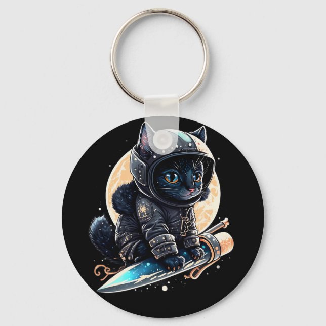 Cute Black Cat Astronaut Key Ring (Front)