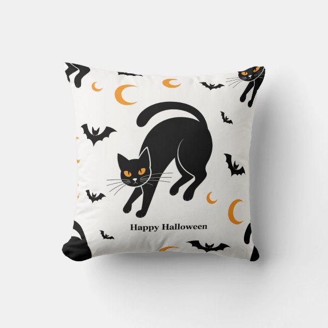 Cute Black Cat & Bat Halloween Pattern Throw Pillo Cushion (Front)