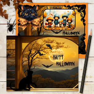 Cute Black Cat Bat Halloween Photo Holiday Card