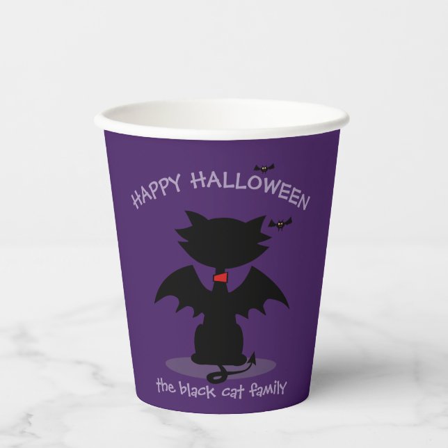 Cute Black Cat Bat Kids Halloween Party Purple Paper Cups (Front)