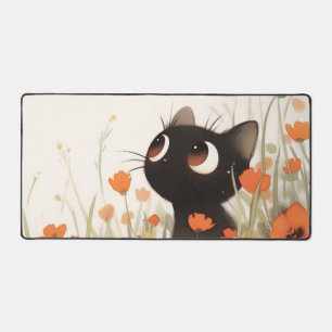 Cute Black Cat Big Eye Orange Poppy Meadow Desk Mat