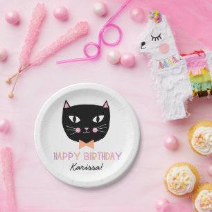 Cute Black Cat Birthday Name Paper Plate