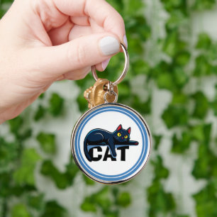 Cute Black Cat Blue Frame Round Keychain