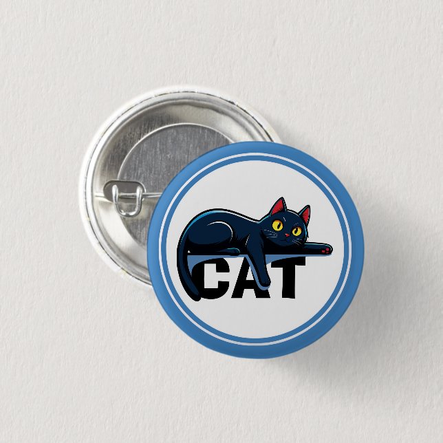 Cute Black Cat Blue Frame Round Pin Button (Front & Back)