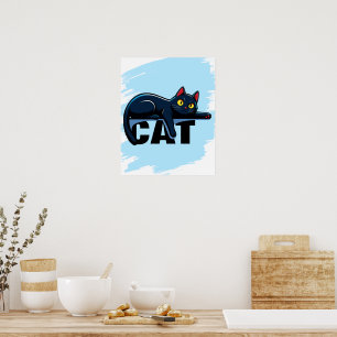 Cute Black Cat Blue Paint Splatter Wall Poster