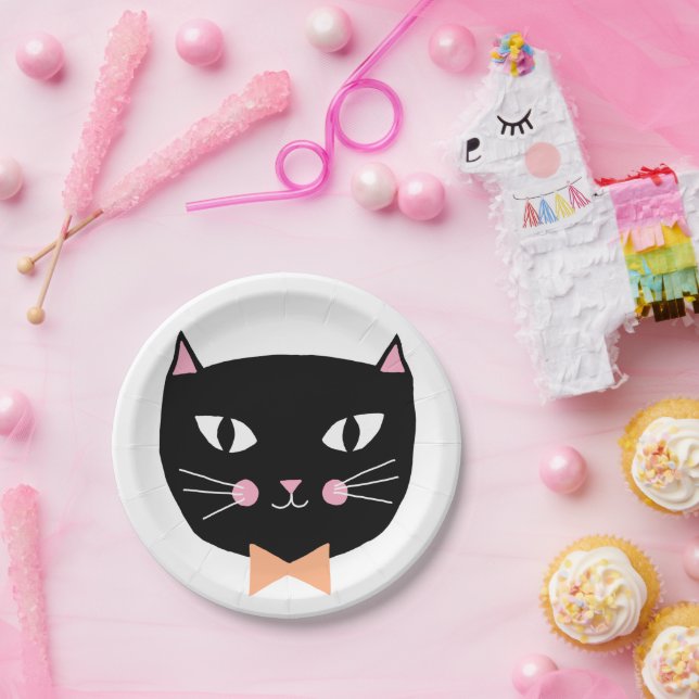 Cute Black Cat Bow Tie Halloween Birthday Paper Plate (Party)
