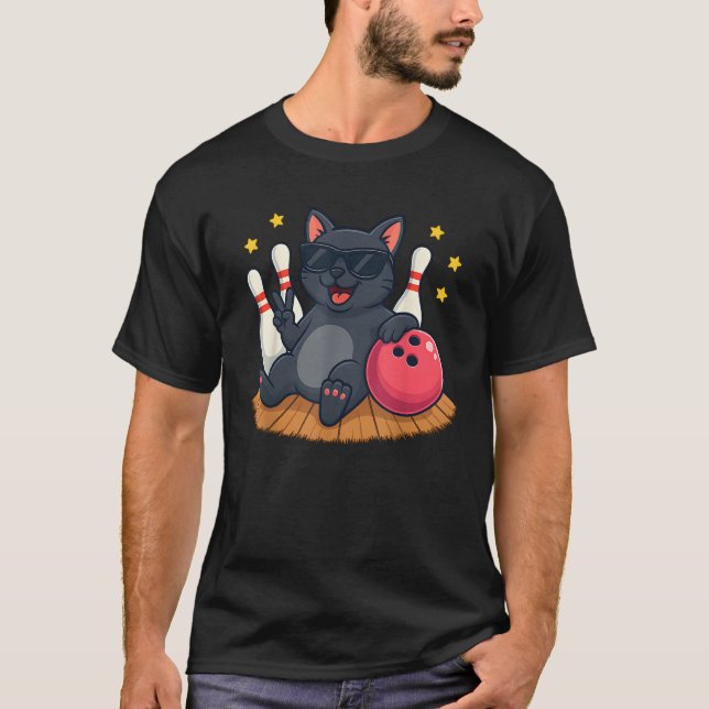Cute Black Cat Bowling Funny Sunglasses Strike Hal T-Shirt (Front)