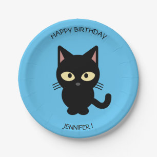 Cute black cat cartoon blue birthday kids name paper plate