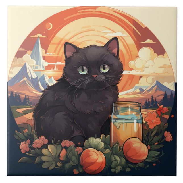 Cute black cat ceramic tile (Front)