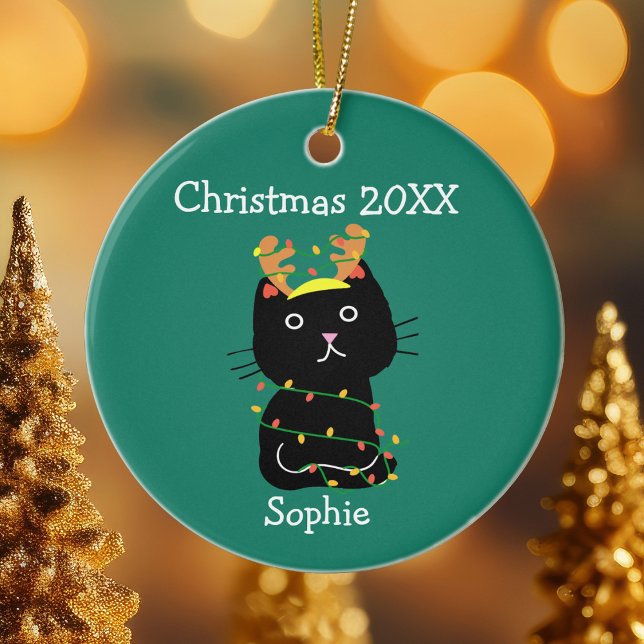 Cute Black Cat Christmas Drawing Monogram Green Ceramic Ornament (Creator Uploaded)