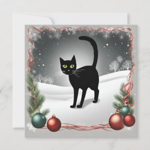 Cute Black Cat Christmas Illustration Holiday Card