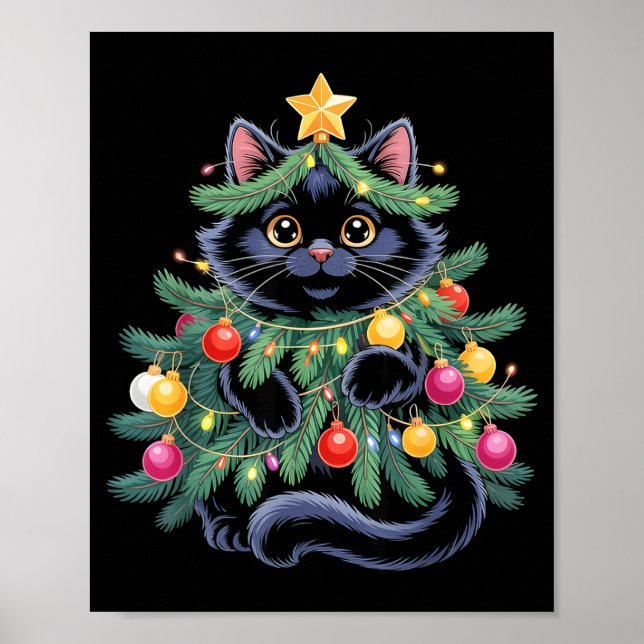 Cute Black Cat Christmas Tree Funny Kitten Lover X Poster (Front)