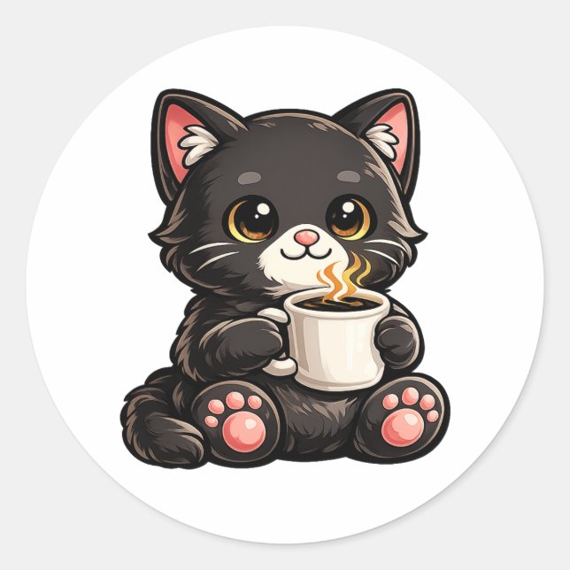 Cute Black Cat Coffee – Cozy Kawaii Cat Illustrati Classic Round Sticker (Front)