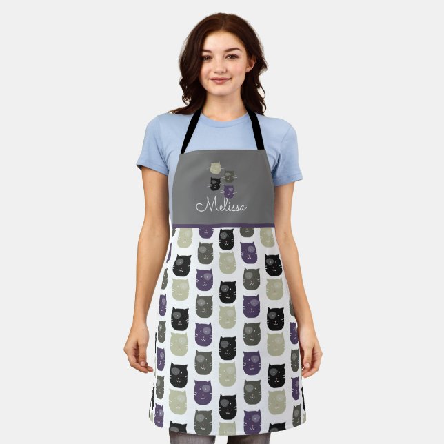 Cute Black Cat Colourful Pet Grey Apron (Worn)