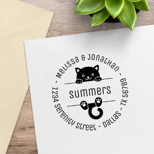 Cute Black Cat Couple Family Round Address 2 Rubber Stamp