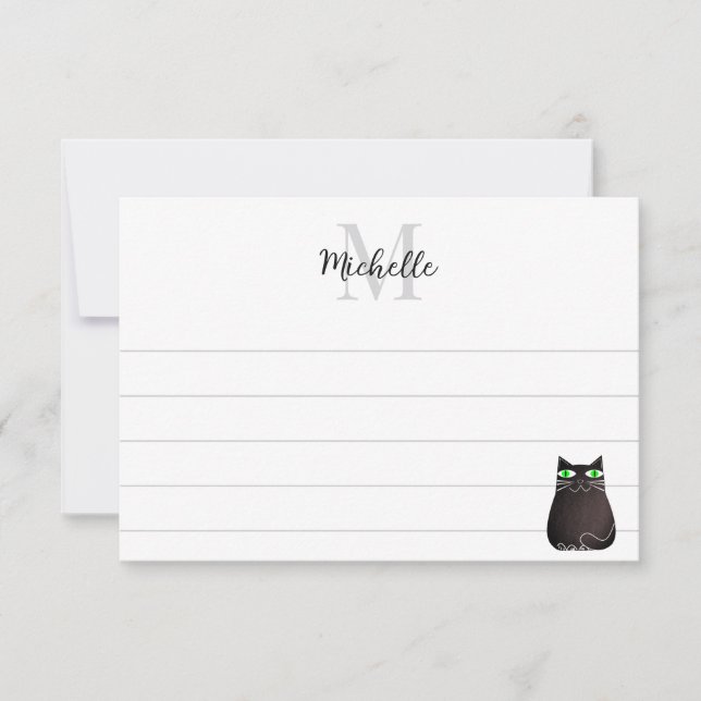 Cute Black Cat Custom Lined Monogram Card (Front)