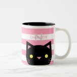 Cute Black Cat Custom Name & Initial Two-Tone Coffee Mug<br><div class="desc">Super cute mug with pink and white stripes,  and an adorable black cat with yellow eyes.</div>
