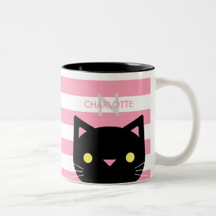 Cute Black Cat Custom Name & Initial Two-Tone Coffee Mug