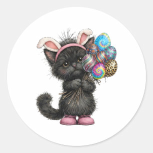 Cute Black Cat Easter Bunny Ears Eggs Easter Day W Classic Round Sticker